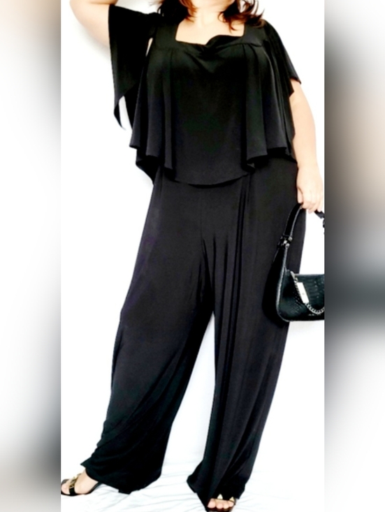 Emma & Michele Pants - Emma & Michelle Plus Size Jumpsuit Stretch Pull On Flutter Sleeves Black 3X